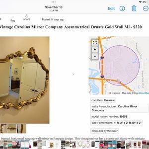 Vintage Carolina Mirrow co. Asymmetrical ornate gold wall Mirrow